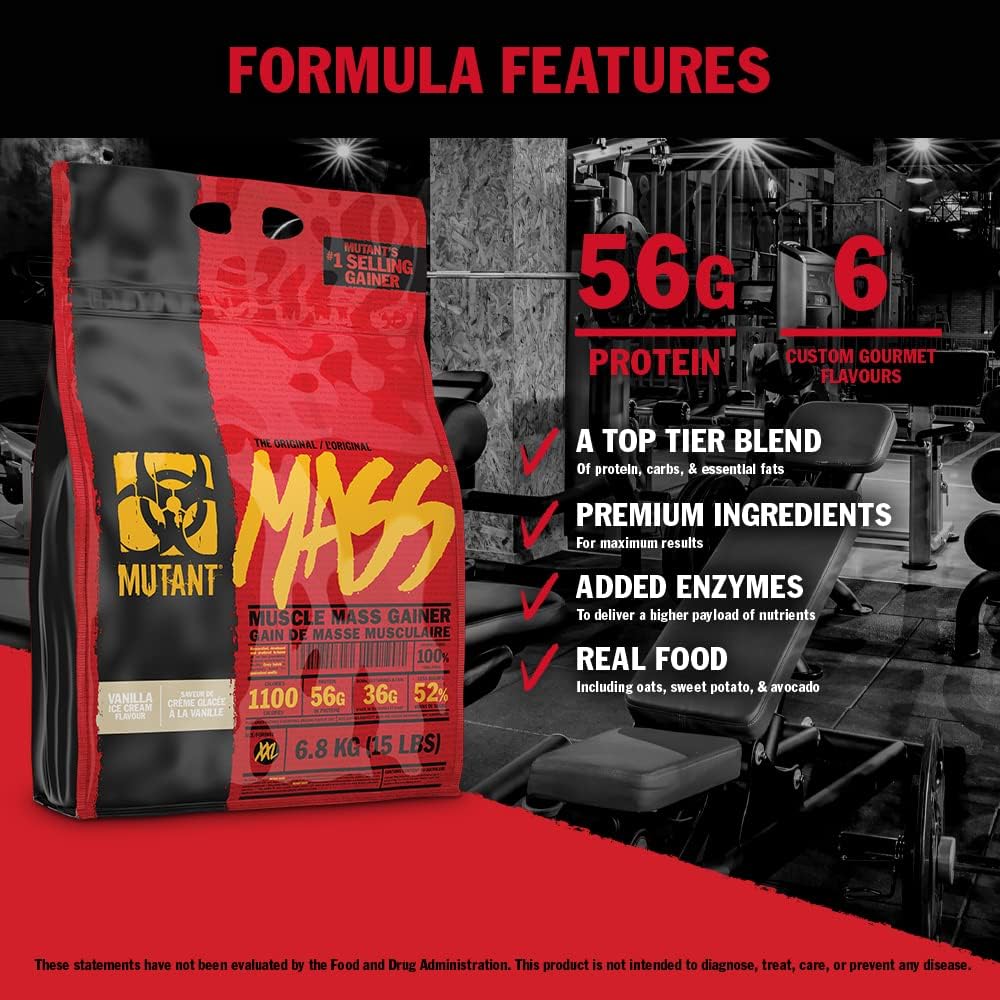 High-Calorie MUTANT MASS Protein Powder Blend (2.27 Kg) - Whey Isolate, Concentrate, Casein - Strawberry Banana Flavor for Workout Shakes