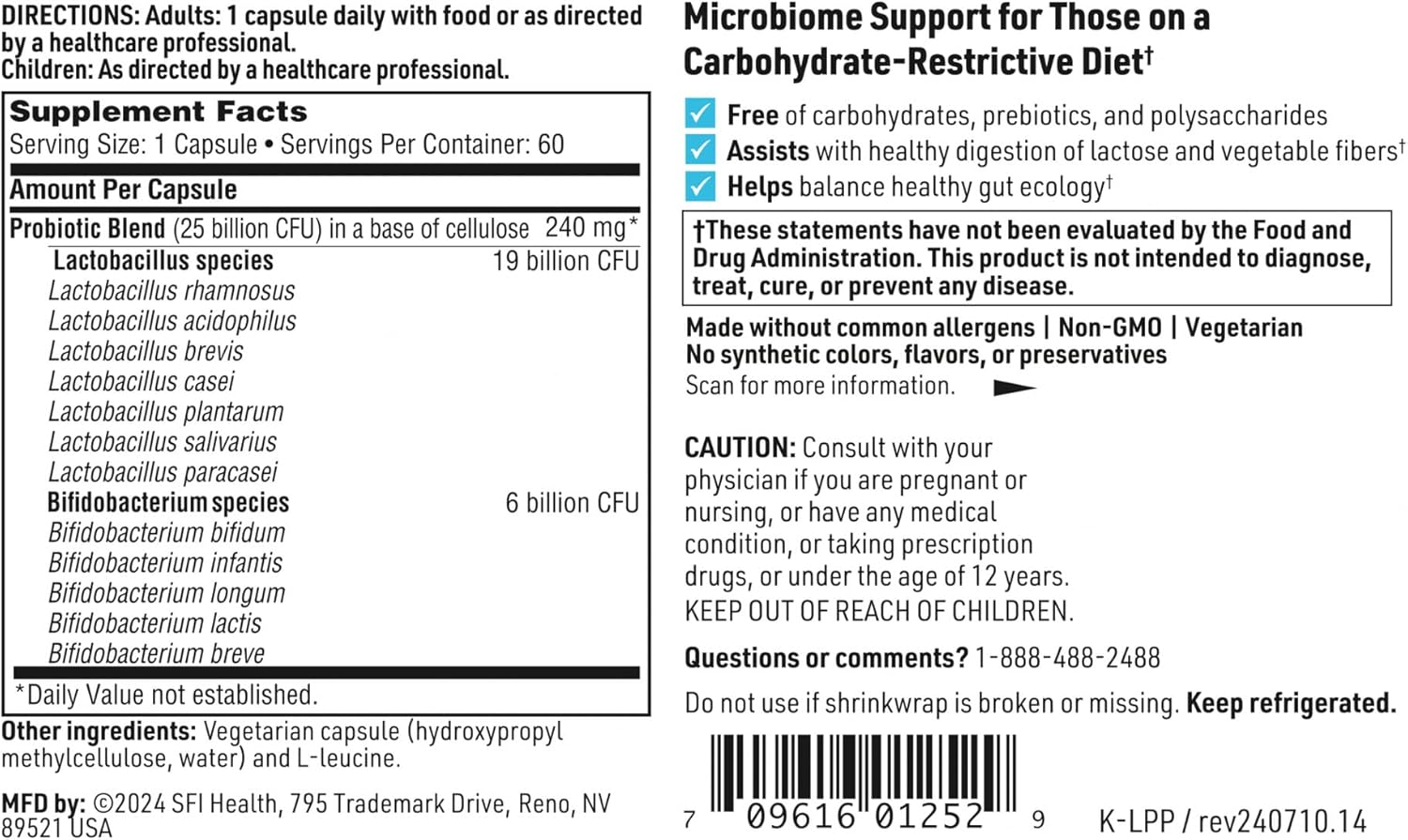 High CFU Probiotic for Carb-Sensitive Men & Women - 25 Billion Blend of 7 Lactobacillus and 5 Bifidobacterium, FODMAP Compliant, Dairy-Free - 60 Capsules x 2 Pack