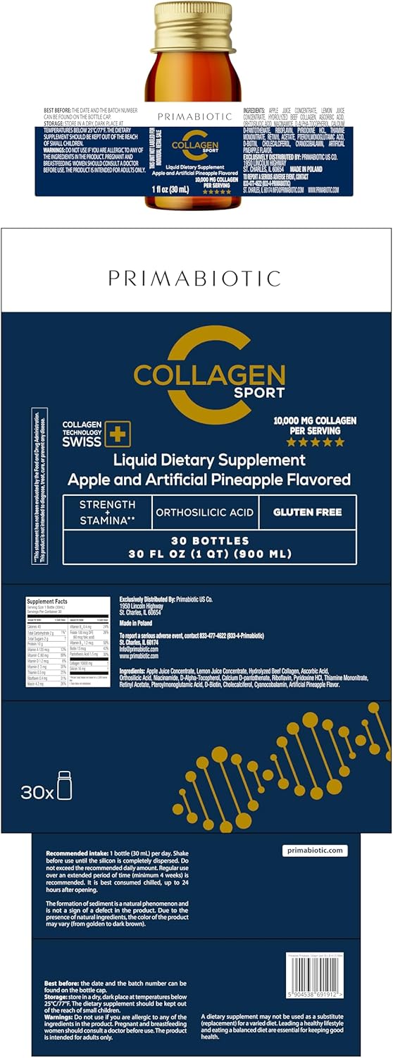 High Collagen Content Liquid Collagen Sport Drink - 10,000 Mg Per Serving with Vitamins and Orthosilicic Acid - 30 Bottles x 30 ML for Bone Health, Hair, and Nails