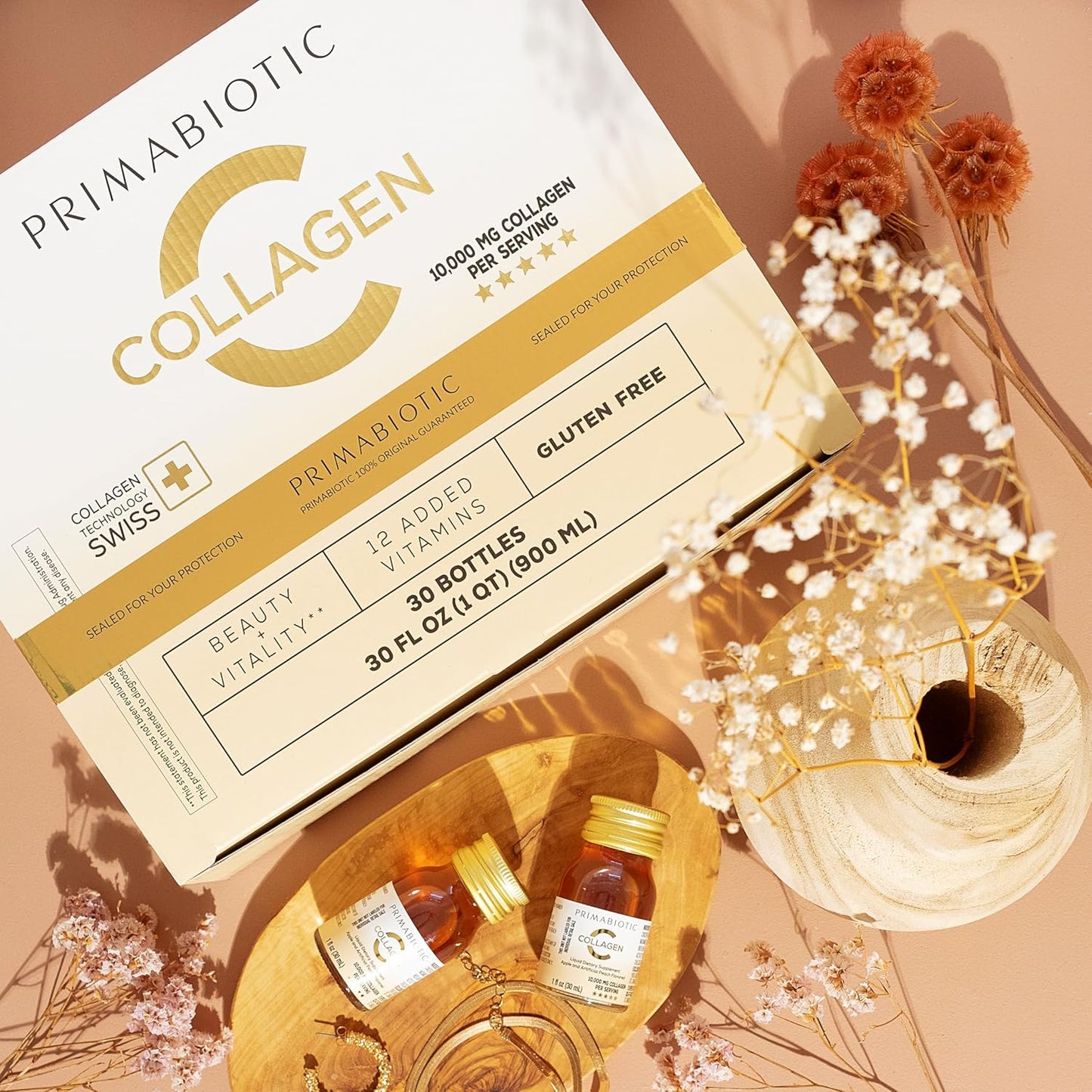 High Collagen Content Liquid Collagen with 10,000 Mg Per Serving - Hydrolyzed Collagen, 12 Vitamins - Gluten Free - 900 Ml - Pack of 30 x 30 Ml Bottles