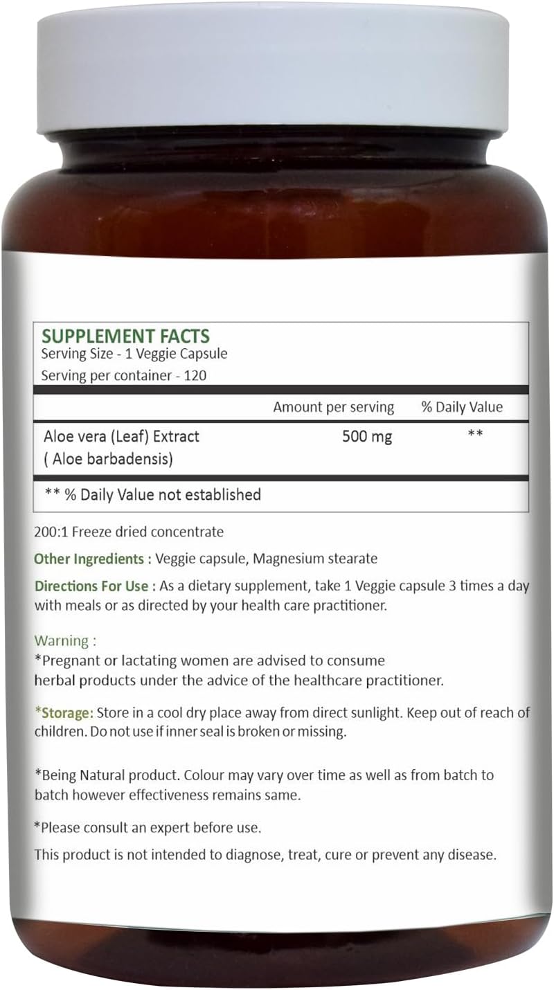 High Concentration Aloe Vera Capsules (Aloe barbadensis) | 120 Capsules (500 mg) | Pure Freeze Dried Aloe Powder Supplement for Well-Being