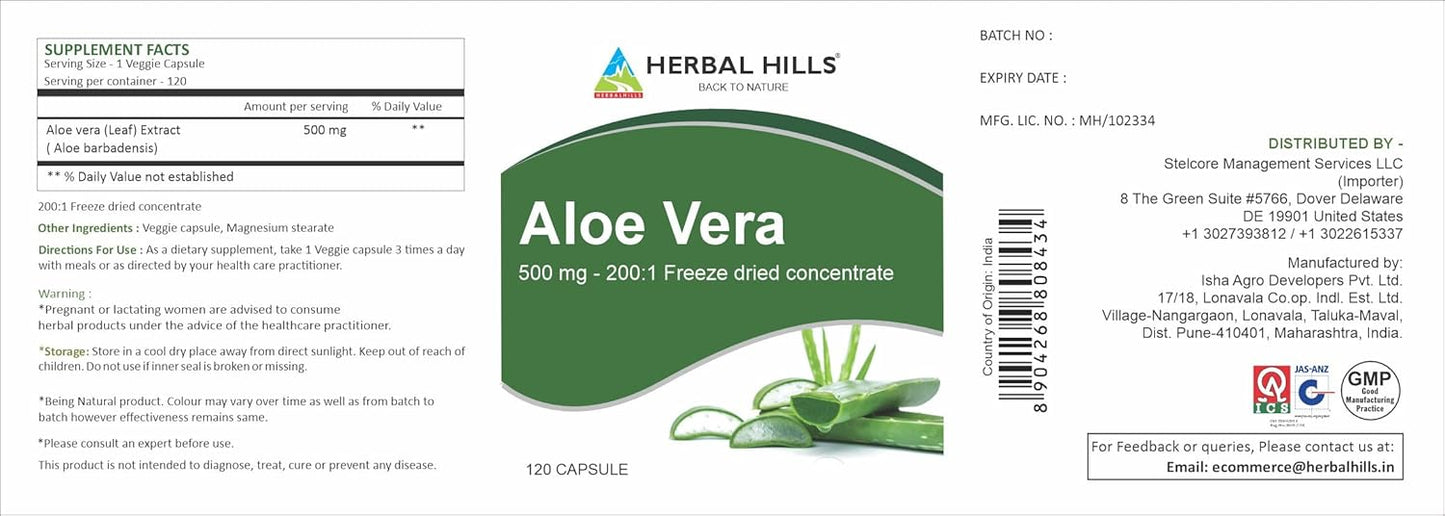 High Concentration Aloe Vera Capsules (Aloe barbadensis) | 120 Capsules (500 mg) | Pure Freeze Dried Aloe Powder Supplement for Well-Being