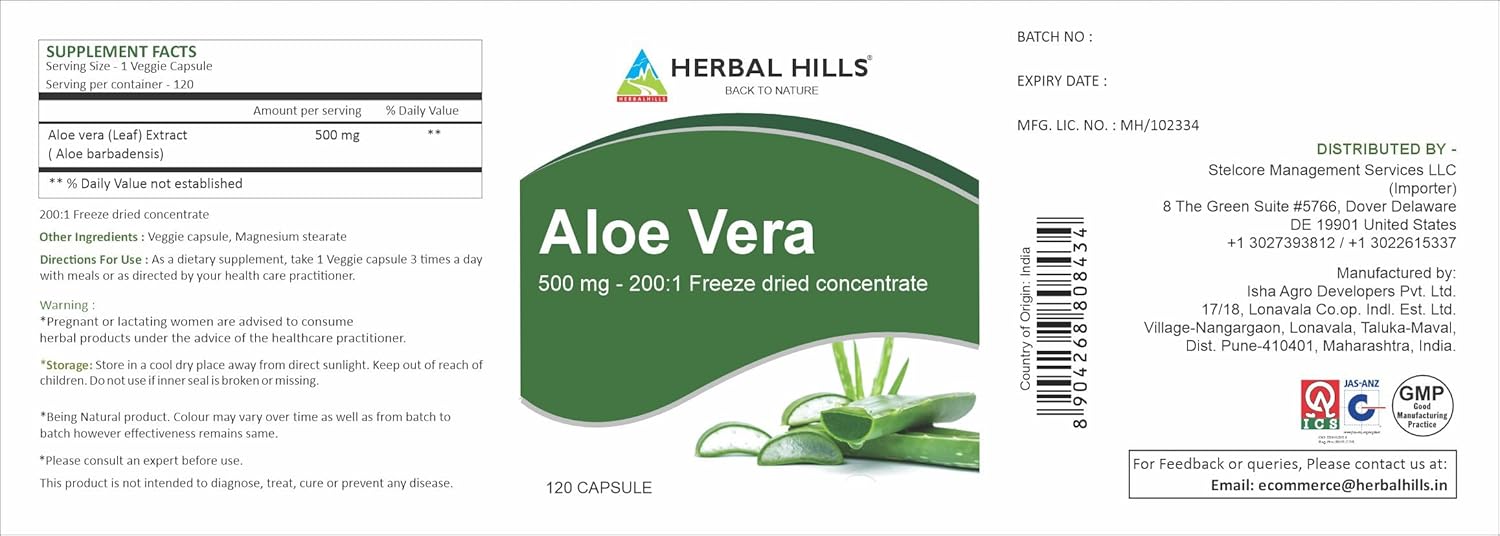 High Concentration Aloe Vera Capsules (Aloe barbadensis) | 120 Capsules (500 mg) | Pure Freeze Dried Aloe Powder Supplement for Well-Being