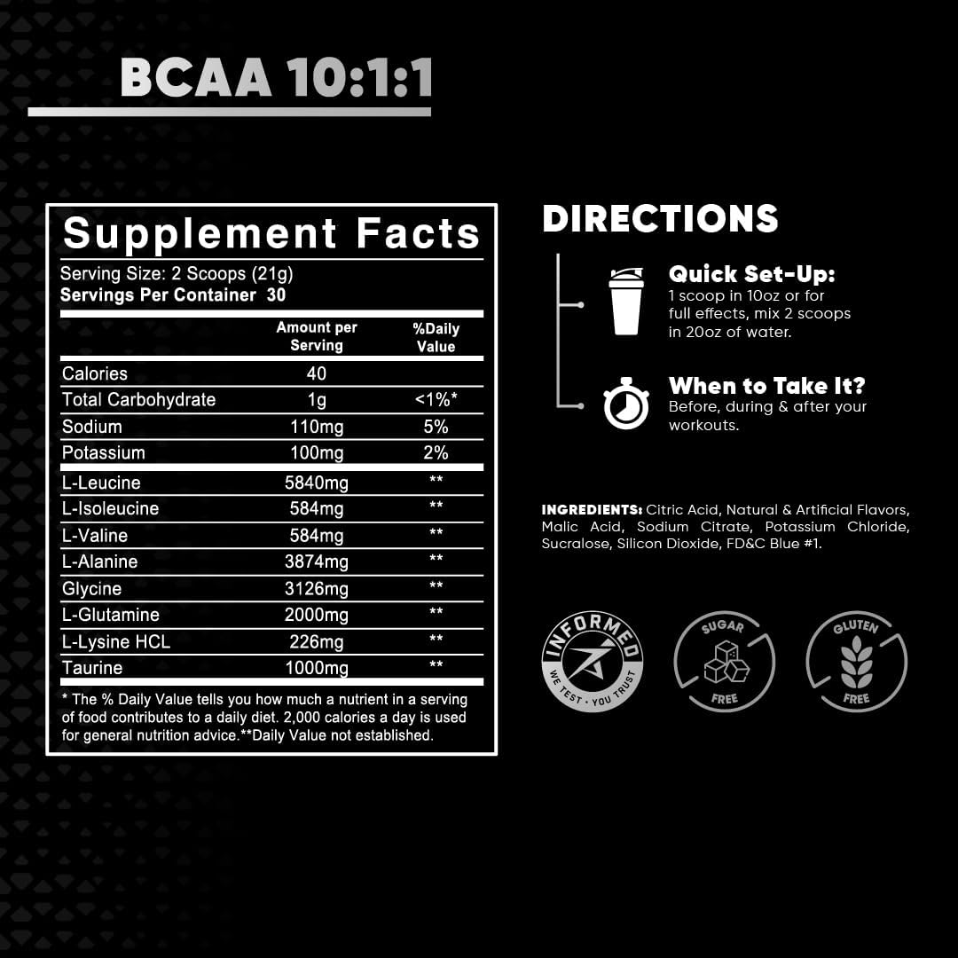 High Concentration Leucine Amino Acid Matrix - LAB Nutrition BCAA 10:1:1, 1.39 Lbs, 60 Servings Blue Raspberry Flavor
