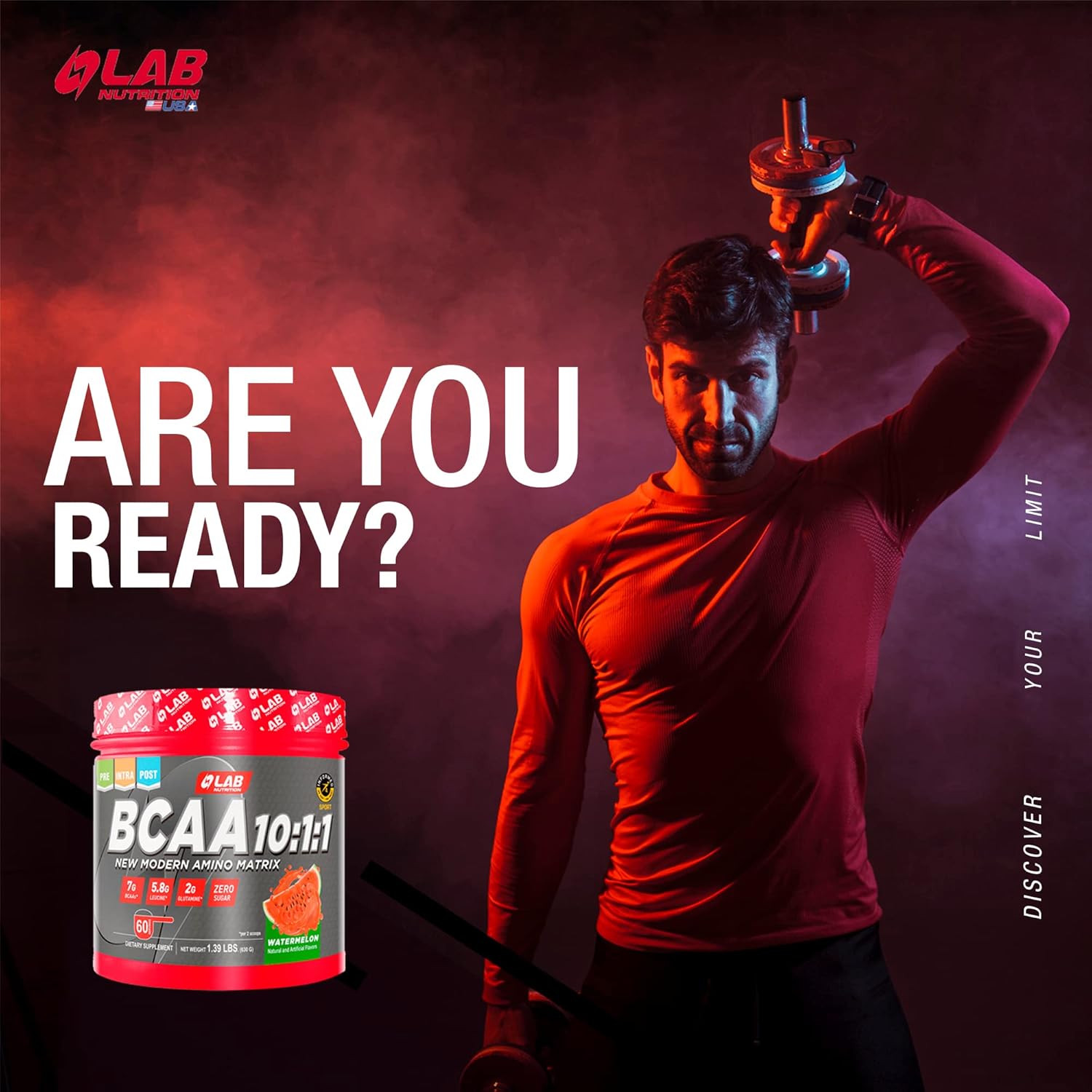 High Concentration Leucine Amino Acid Matrix - LAB Nutrition BCAA 10:1:1, 1.39 Lbs, 60 Servings Blue Raspberry Flavor