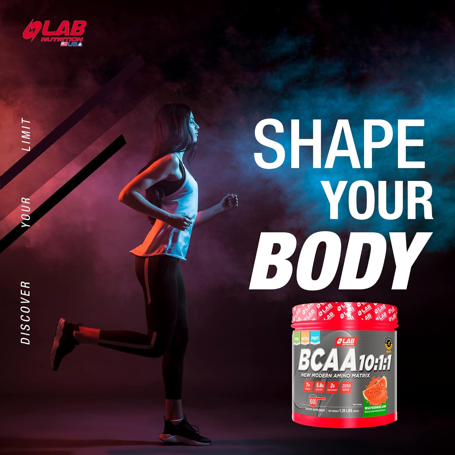 High Concentration Leucine Amino Acid Matrix - LAB Nutrition BCAA 10:1:1, 1.39 Lbs, 60 Servings Blue Raspberry Flavor