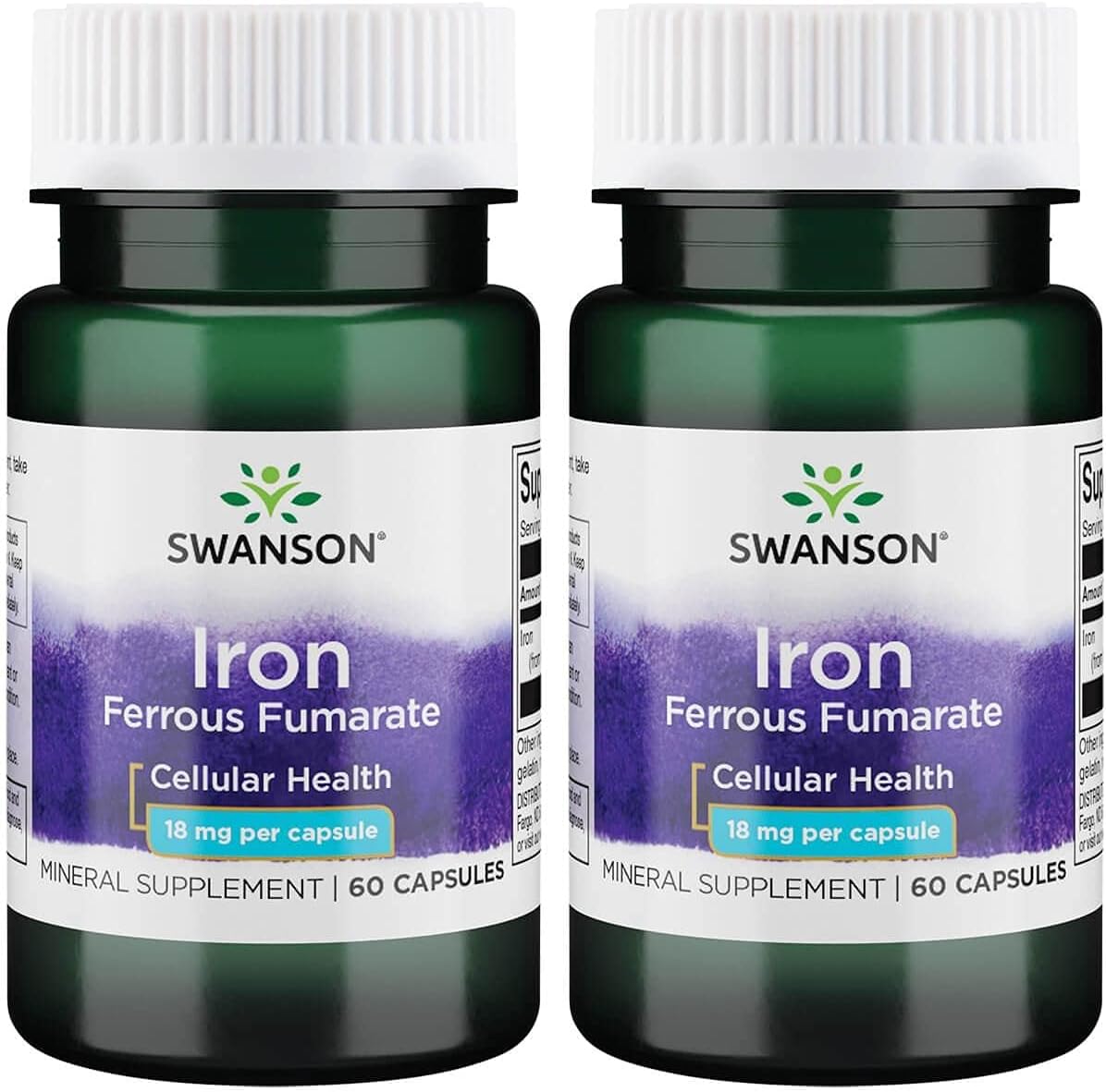 High-Concentration Swanson Iron Supplement - Supports Energy & Metabolism - Ferrous Fumarate for Oxygen Delivery - 60 Capsules, 18mg - 2 Pack