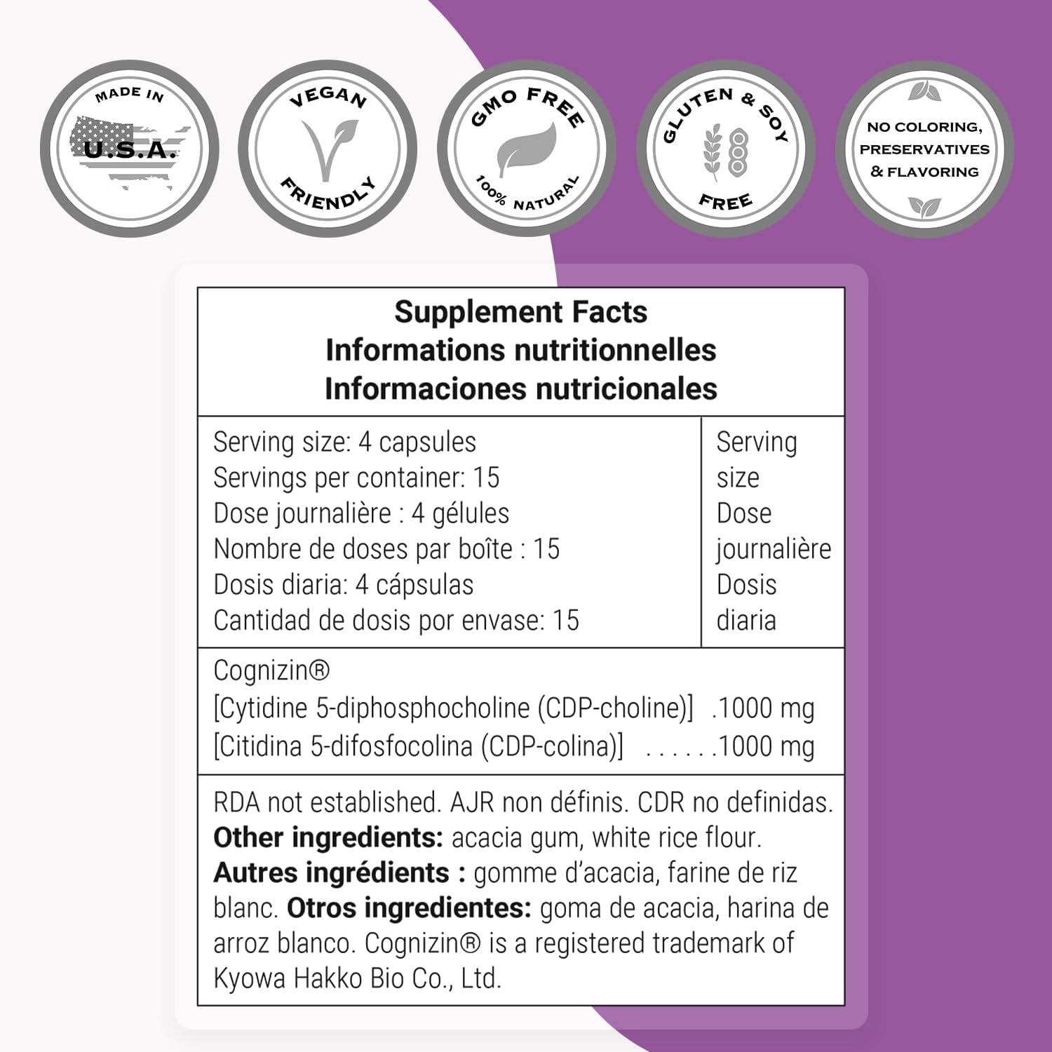 High Dose CDP Choline 1000mg Supplement with Cognizin Citicoline - Non-GMO & Gluten Free - 60 Capsules