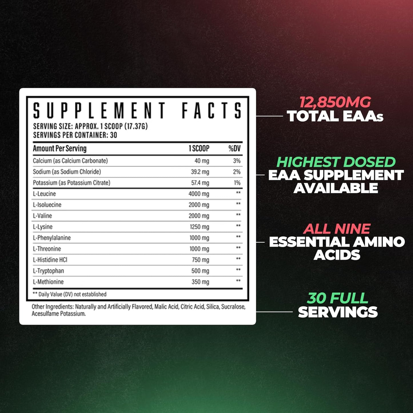 High-Dose Essential Amino Acids Powder for Muscle Growth & Recovery, 12.85g EAAs & 8g BCAAs, Watermelon Lemonade Flavor, 17.73 Oz.