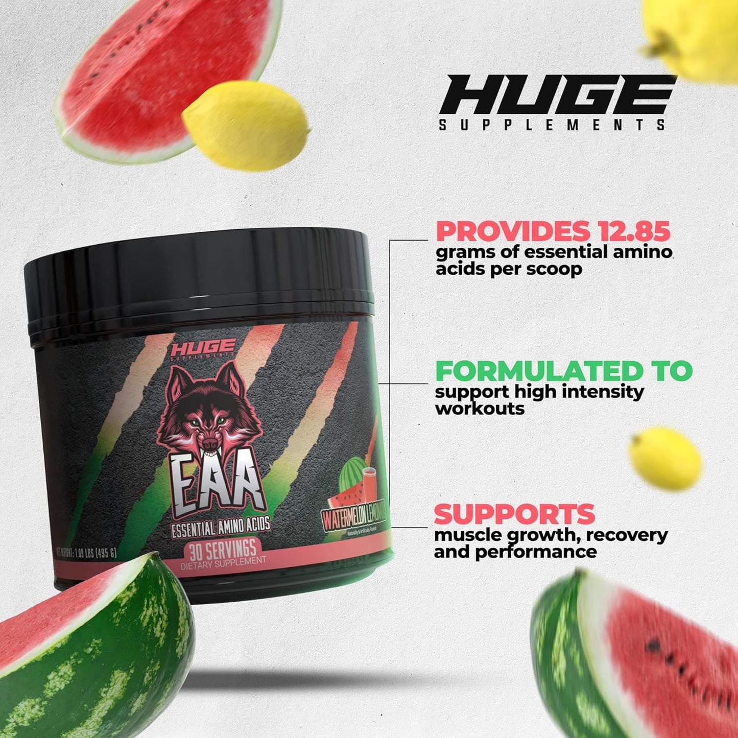 High-Dose Essential Amino Acids Powder for Muscle Growth & Recovery, 12.85g EAAs & 8g BCAAs, Watermelon Lemonade Flavor, 17.73 Oz.