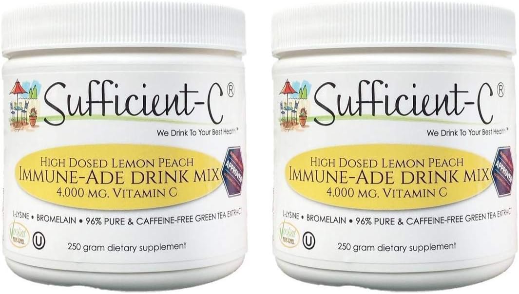 High Dose Non-GMO Vitamin C Lemon Peach Drink Mix 500g - Immune Support & Hydration Boost - 2 Pack
