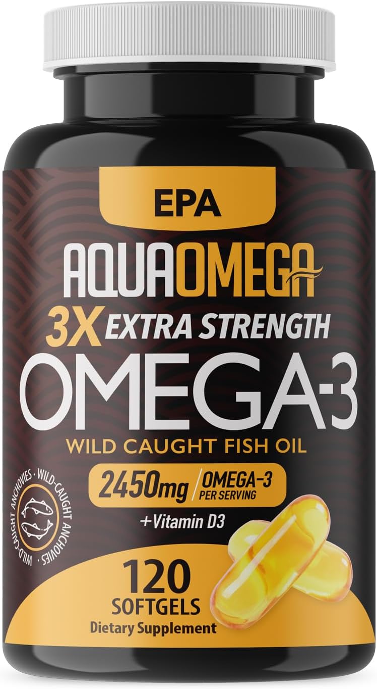 High EPA Fish Oil Supplements - Triple Strength Omega-3 with DHA, Burpless Wild Caught Fish Oil Softgels, 120 Count