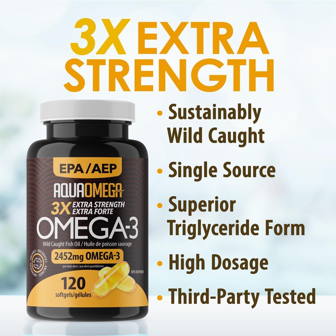 High EPA Fish Oil Supplements - Triple Strength Omega-3 with DHA, Burpless Wild Caught Fish Oil Softgels, 120 Count
