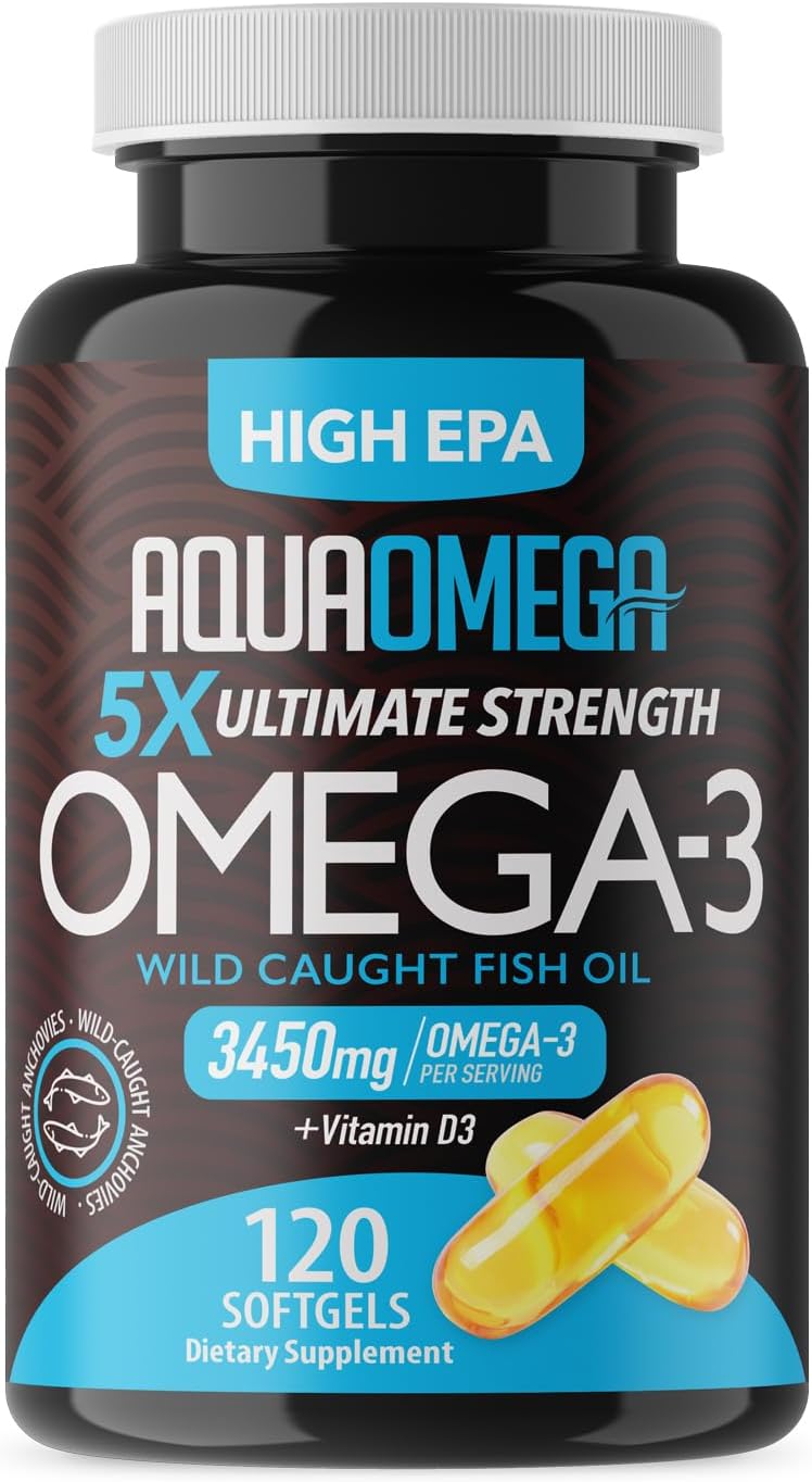 High EPA Organic Fish Oil Supplements with Vitamin D - 3450mg Omega 3, 2660mg EPA, 530mg DHA - 120 Softgels, Burpless Omega3 Fishoil