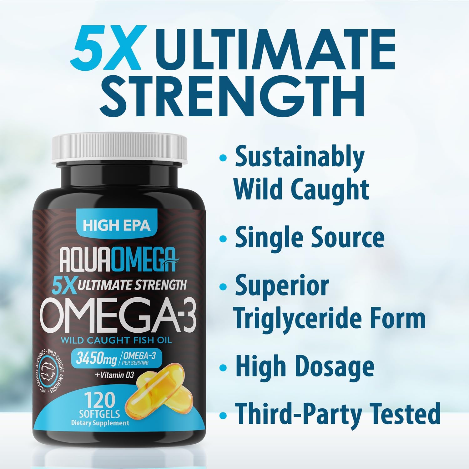 High EPA Organic Fish Oil Supplements with Vitamin D - 3450mg Omega 3, 2660mg EPA, 530mg DHA - 120 Softgels, Burpless Omega3 Fishoil