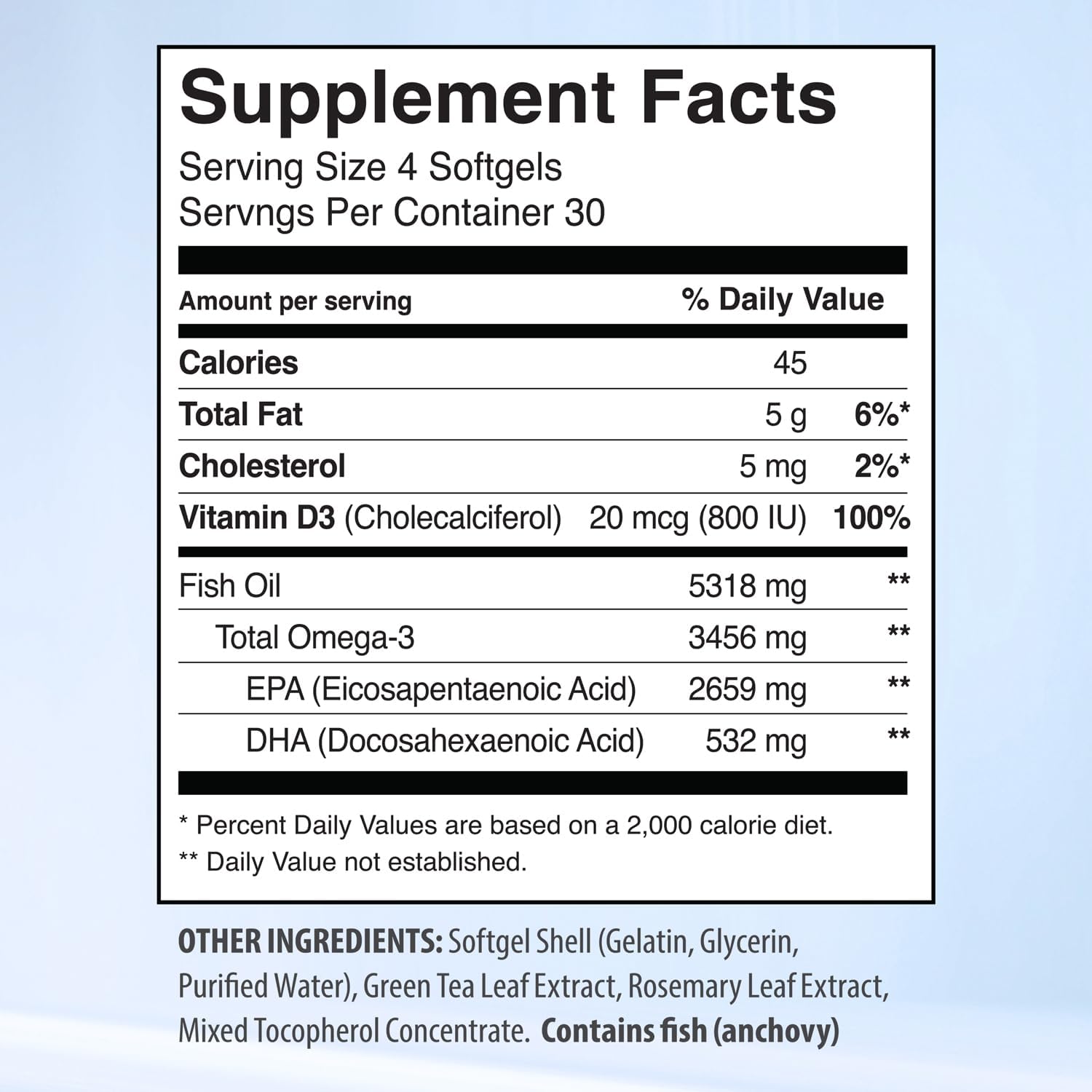 High EPA Organic Fish Oil Supplements with Vitamin D - 3450mg Omega 3, 2660mg EPA, 530mg DHA - 120 Softgels, Burpless Omega3 Fishoil