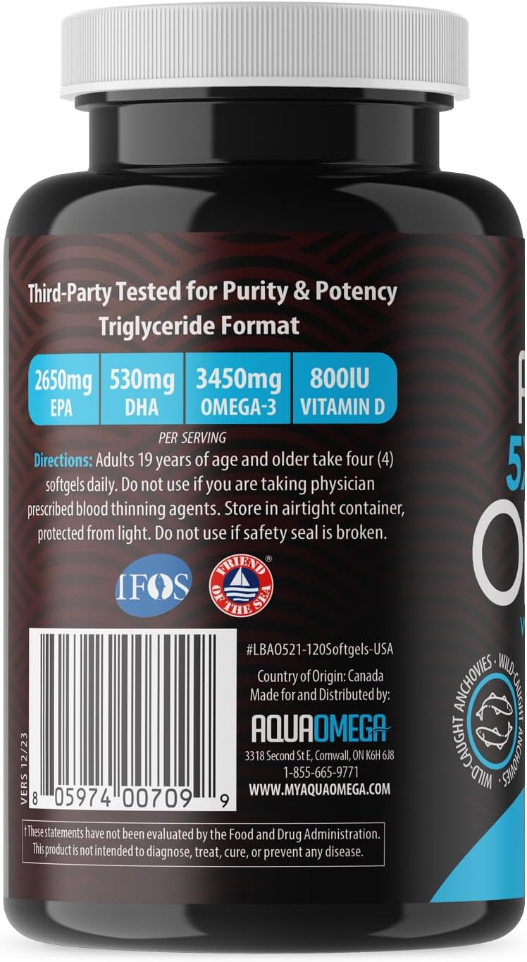 High EPA Organic Fish Oil Supplements with Vitamin D - 3450mg Omega 3, 2660mg EPA, 530mg DHA - 120 Softgels, Burpless Omega3 Fishoil