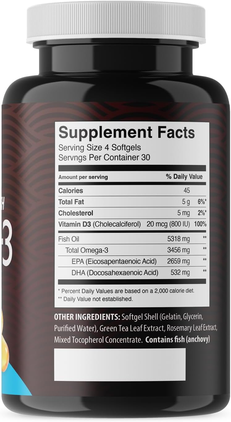 High EPA Organic Fish Oil Supplements with Vitamin D - 3450mg Omega 3, 2660mg EPA, 530mg DHA - 120 Softgels, Burpless Omega3 Fishoil