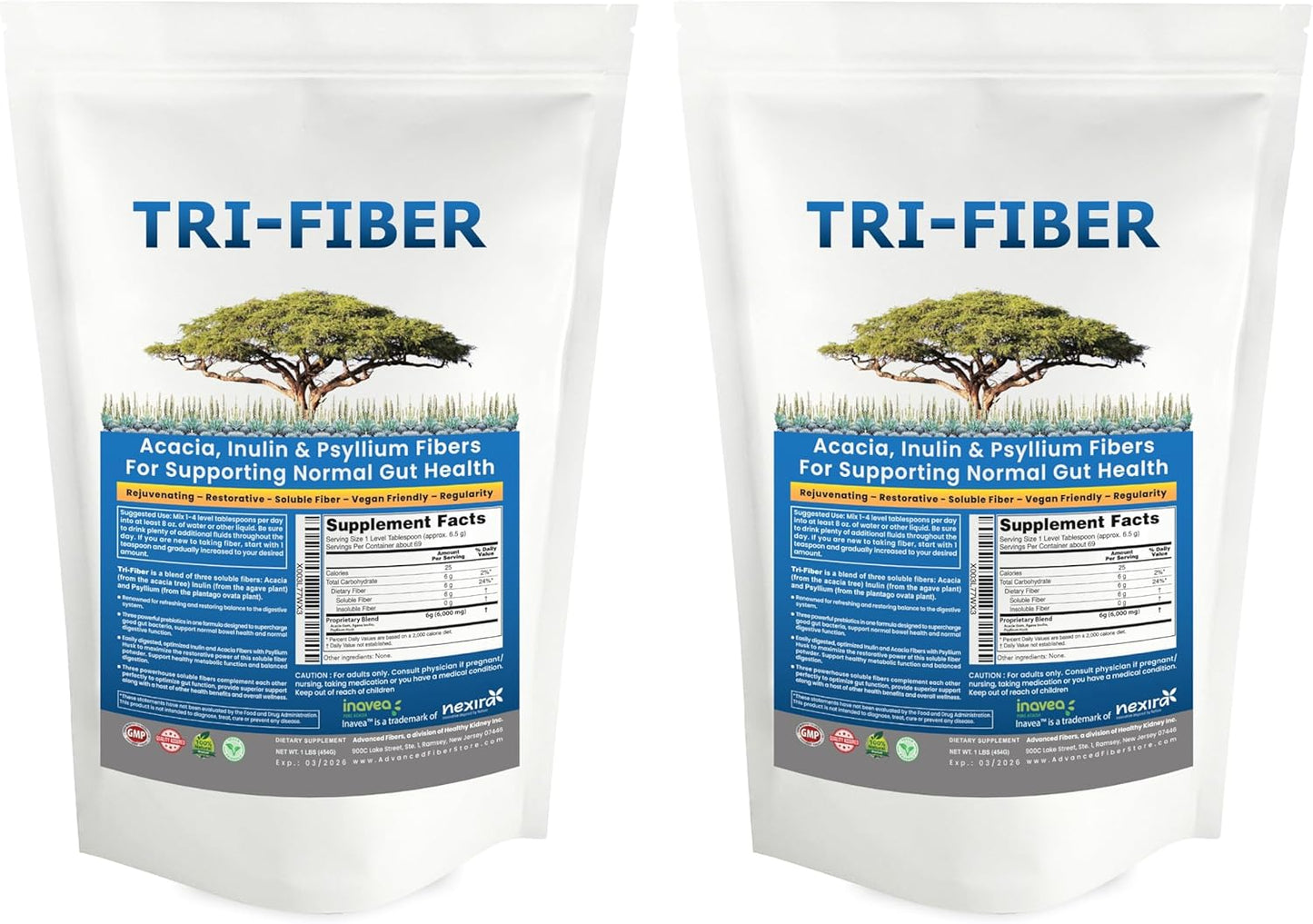 High Fiber Kidney Restore Tri-Fiber Powder for Digestive Support - Unflavored Soluble Fiber Supplement 2x1lbs