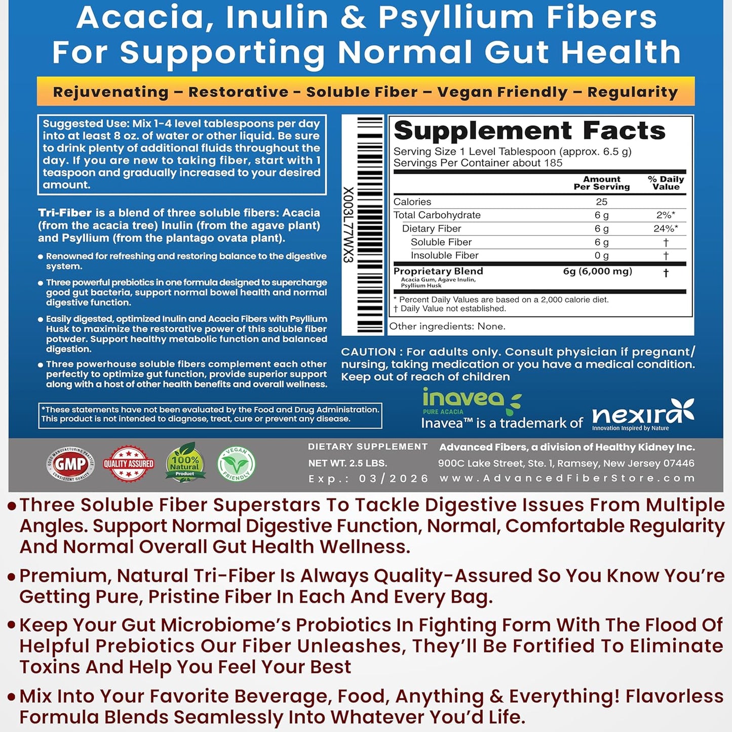 High Fiber Kidney Restore Tri-Fiber Powder for Digestive Support - Unflavored Soluble Fiber Supplement 2x1lbs