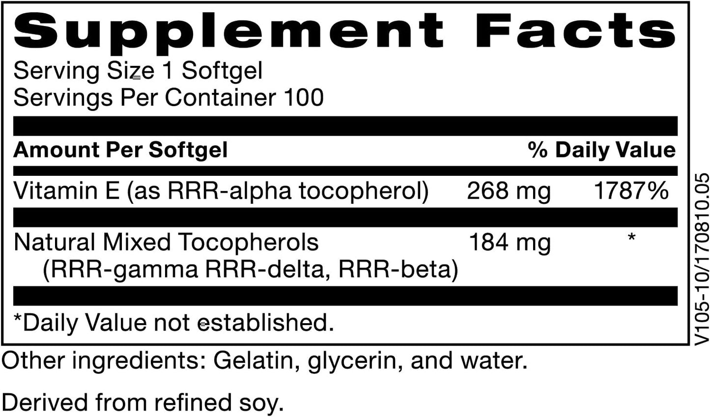 High Gamma Tocopherol Vitamin E Supplement - Klaire Labs Pure-E Softgels with Natural D-Alpha & Mixed Tocopherols (100 Count)