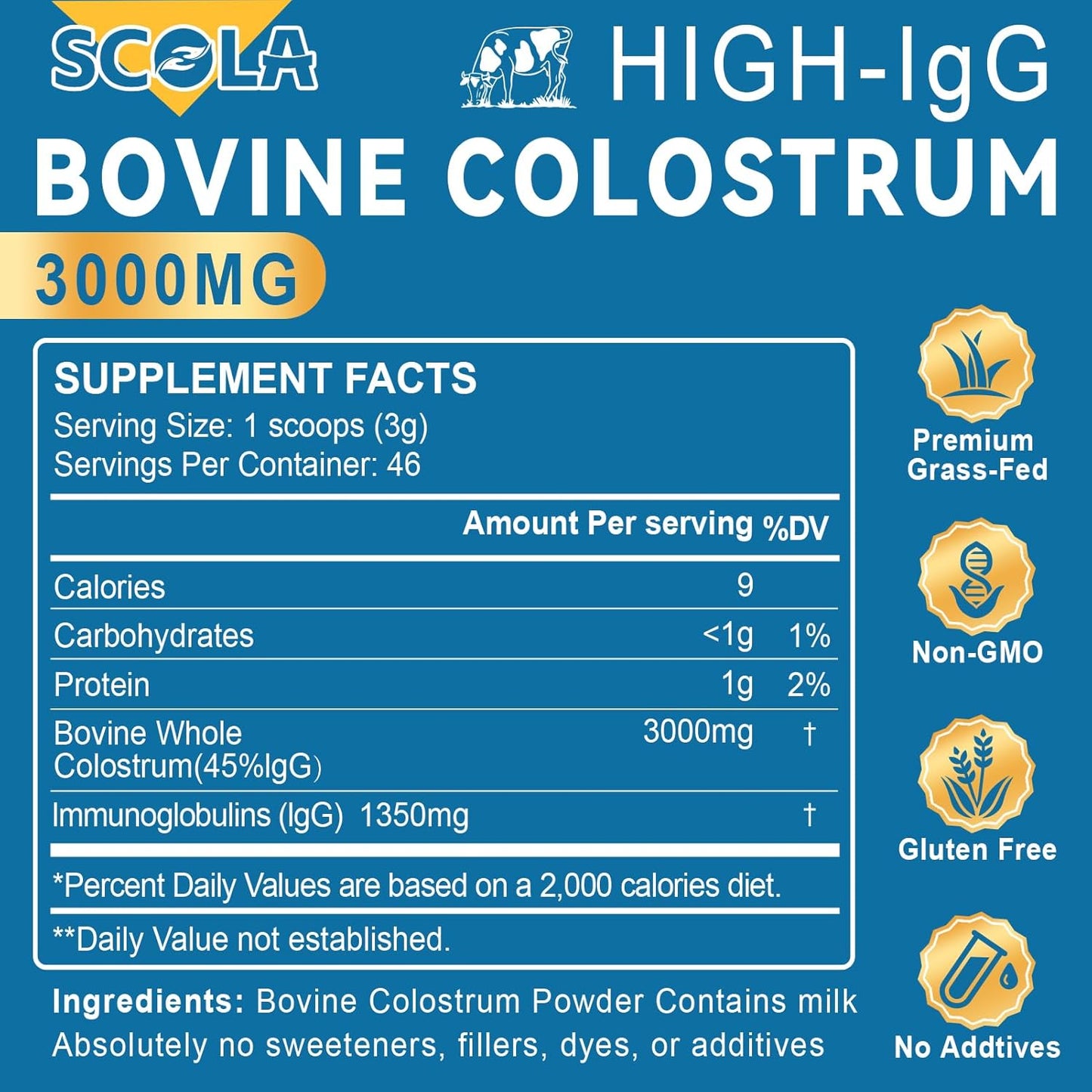 High IgG Bovine Colostrum Powder Supplement - Gut Health, Immune Support, Beauty Boost - Grass-Fed, Non-GMO - 3000mg/Serving, 4.9 oz - 46 Servings