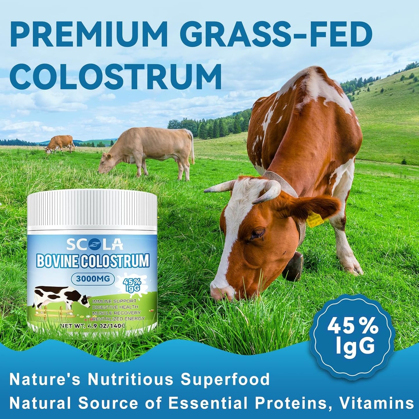 High IgG Bovine Colostrum Powder Supplement - Gut Health, Immune Support, Beauty Boost - Grass-Fed, Non-GMO - 3000mg/Serving, 4.9 oz - 46 Servings
