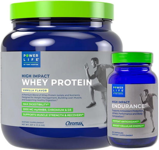 High Impact Grass Fed Whey Protein by POWERLIFE Tony Horton - Vanilla Flavor with HMB - Non-GMO Formula with No Added Sugar for High Impact Endurance and Performance