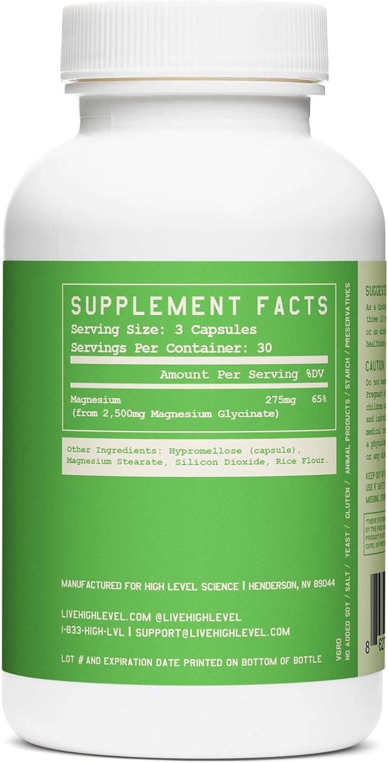 High Level Magmax Magnesium Glycinate Capsules - Natural Supplement for Bone, Sleep, Heart, Muscle & Cramps - Gluten-Free Vegan Formula, 90ct