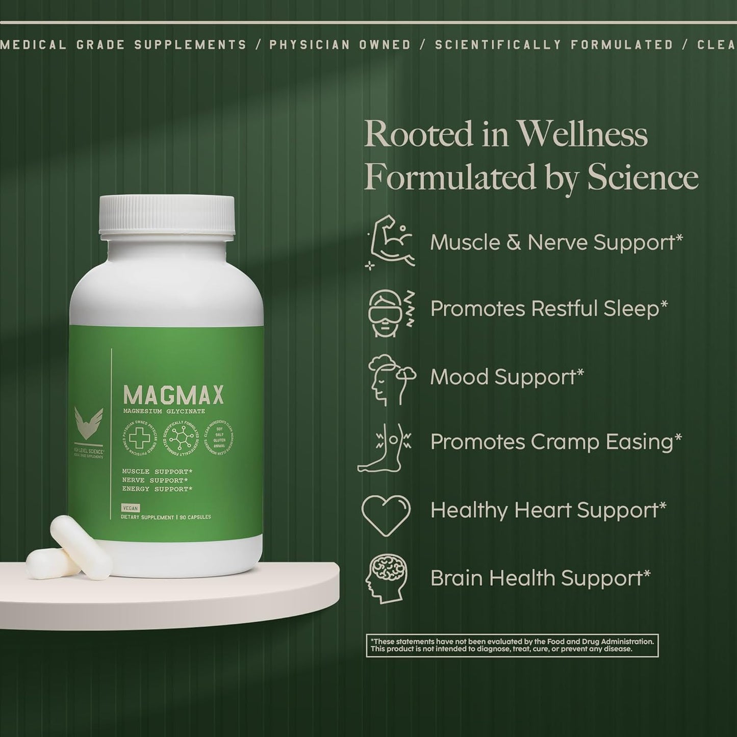 High Level Magmax Magnesium Glycinate Capsules - Natural Supplement for Bone, Sleep, Heart, Muscle & Cramps - Gluten-Free Vegan Formula, 90ct