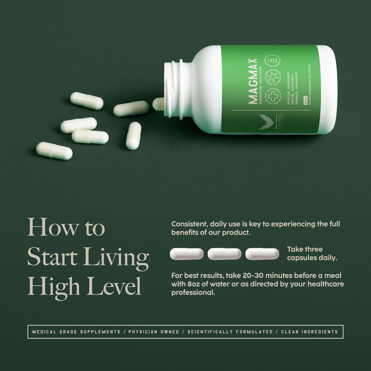 High Level Magmax Magnesium Glycinate Capsules - Natural Supplement for Bone, Sleep, Heart, Muscle & Cramps - Gluten-Free Vegan Formula, 90ct