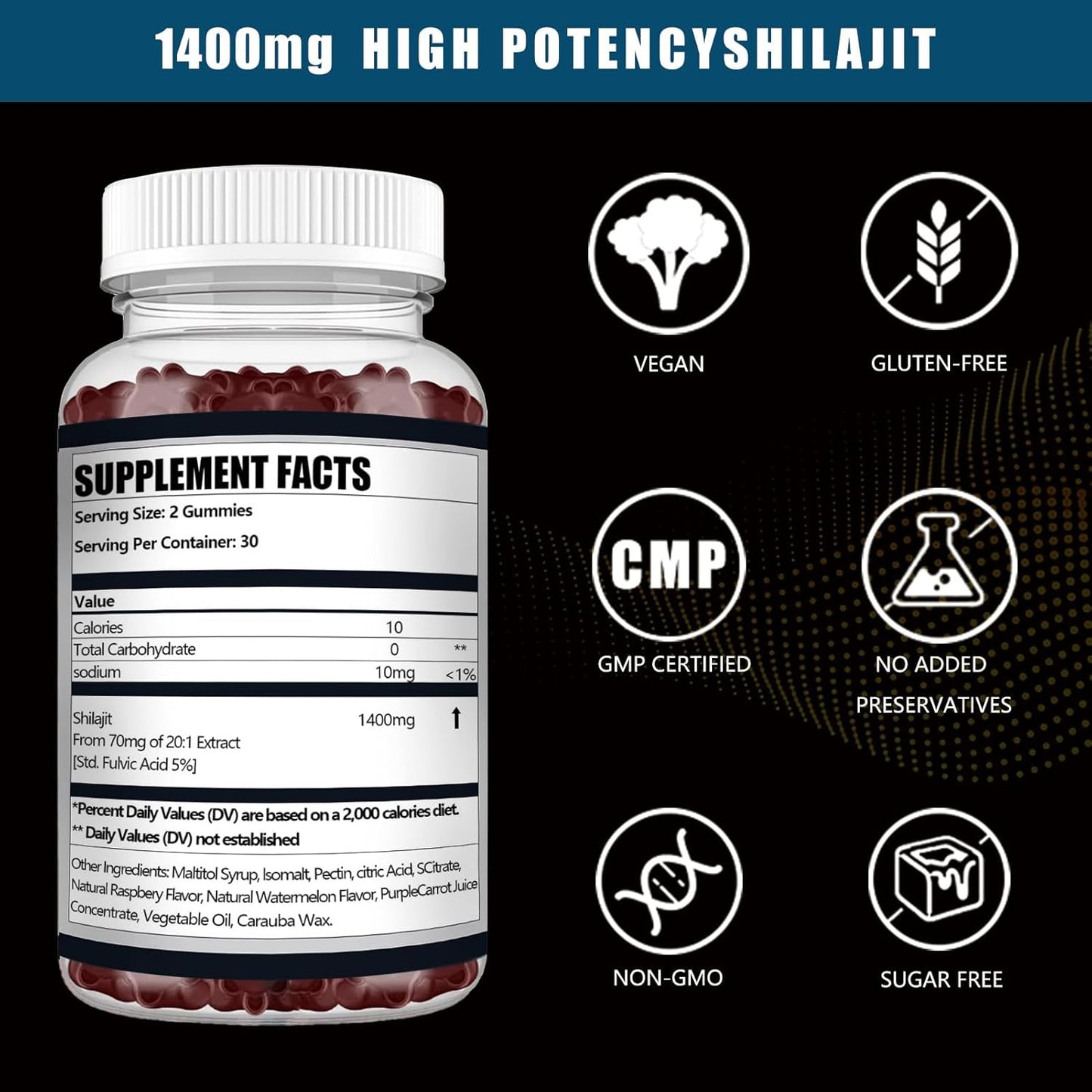 High Mineral Shilajit Gummies for Energy & Immunity - 1400mg, Pure Himalayan Formula with Fulvic Acid, Men & Women, Raspberry Watermelon