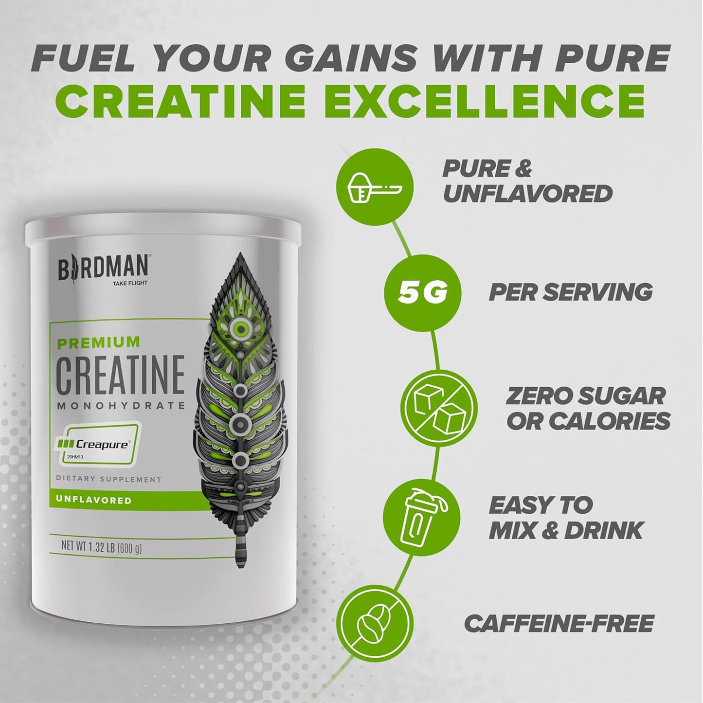High-Performance BIRDMAN Creatine Monohydrate Powder for Pre-Workout - 600g Unflavored, High Purity