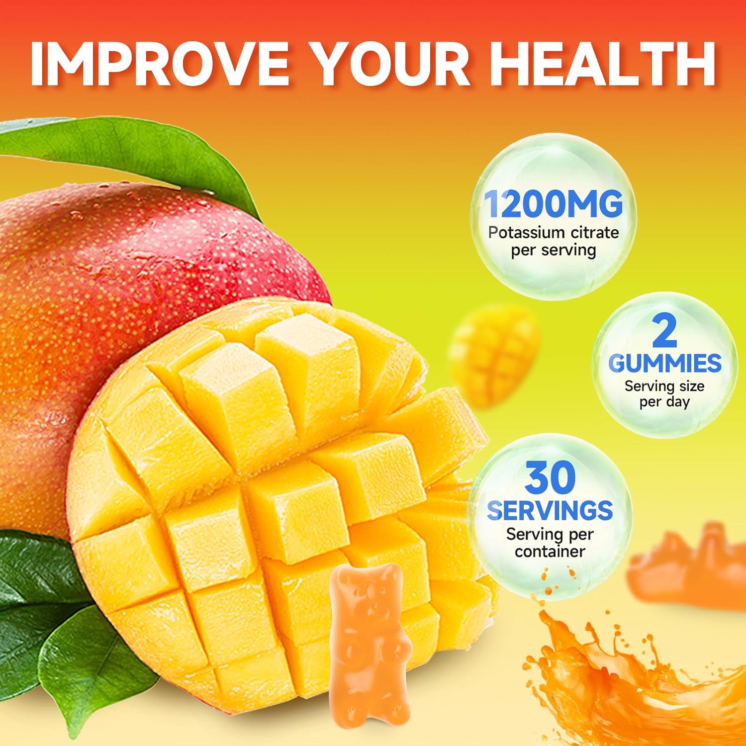 High Potassium Vegan Mango Gummies 1200mg for Leg Cramps & Muscle Health - 120 Count