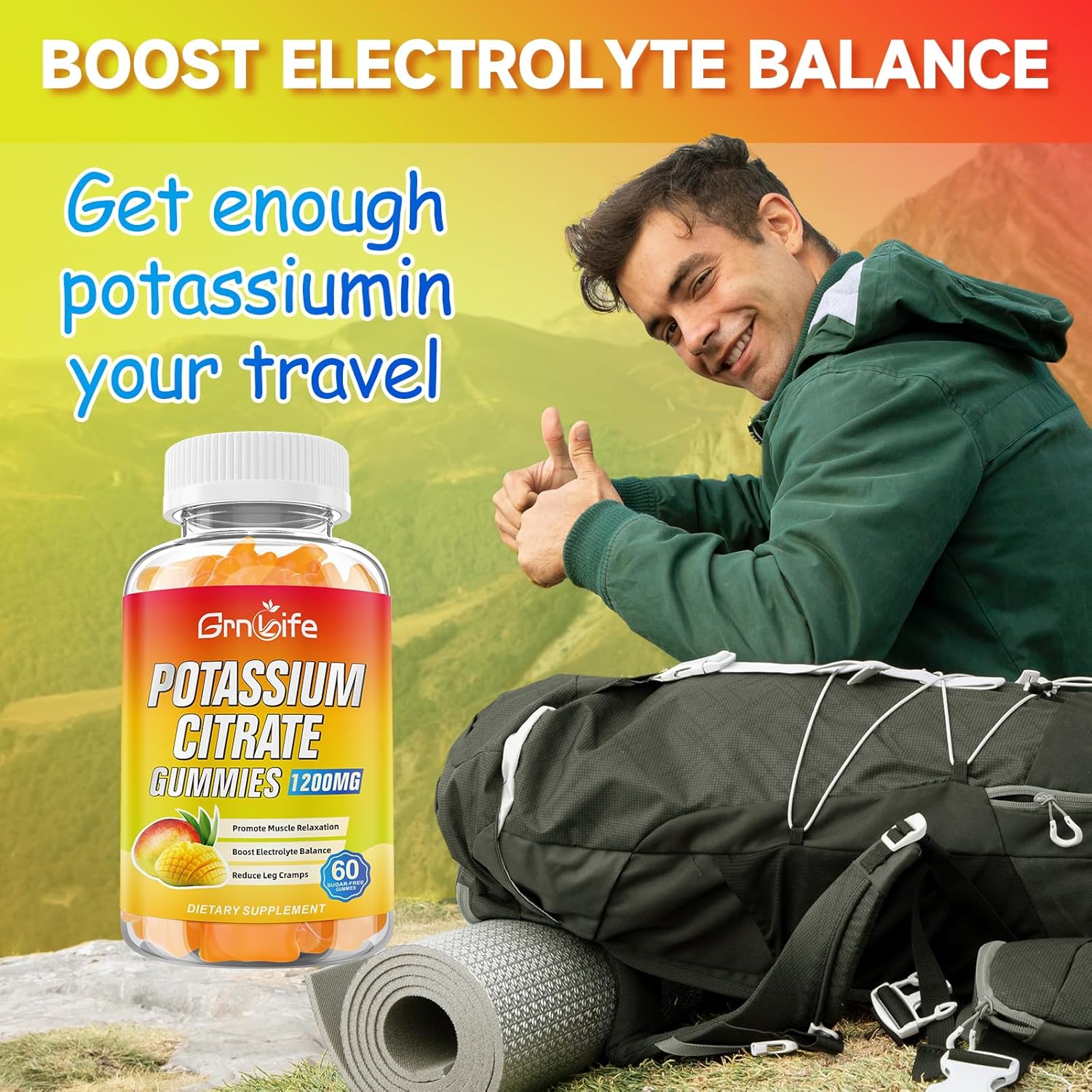 High Potassium Vegan Mango Gummies 1200mg for Leg Cramps & Muscle Health - 120 Count