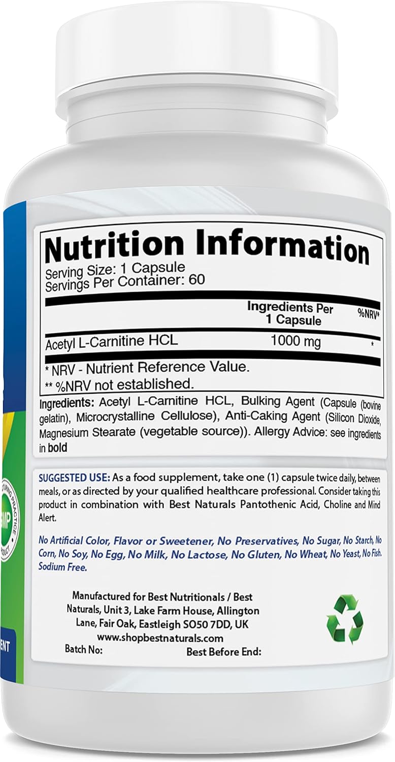 High Potency 1000mg Acetyl L-Carnitine Capsules - 60 Count by Best Naturals