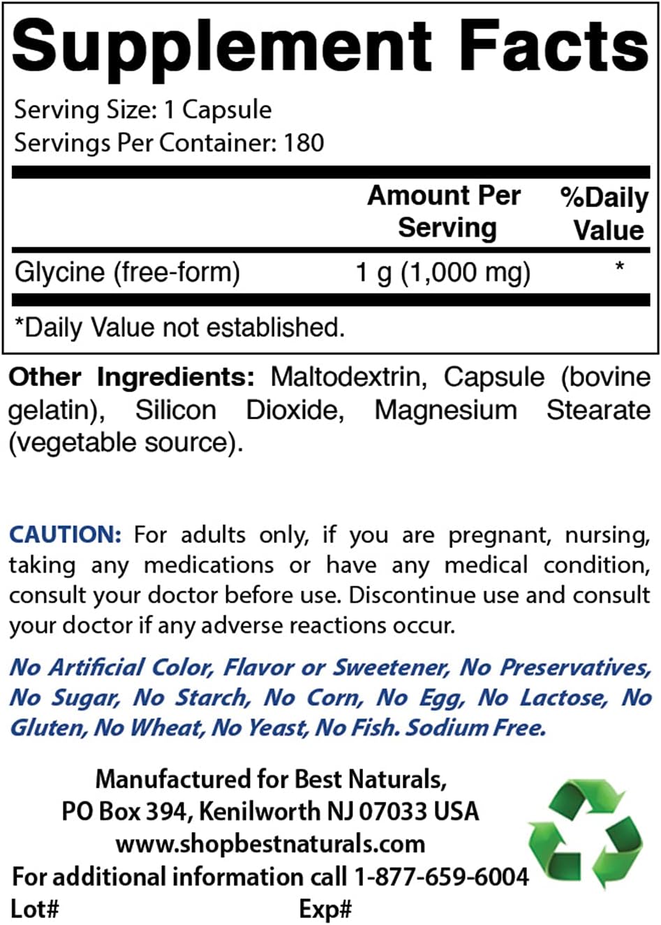 High Potency 1000mg Glycine Supplement for Energy - 180 Count by Best Naturals - BoostGo Australia