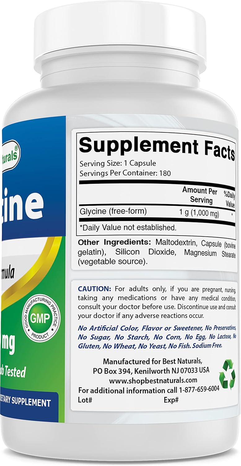 High Potency 1000mg Glycine Supplement for Energy - 180 Count by Best Naturals - BoostGo Australia