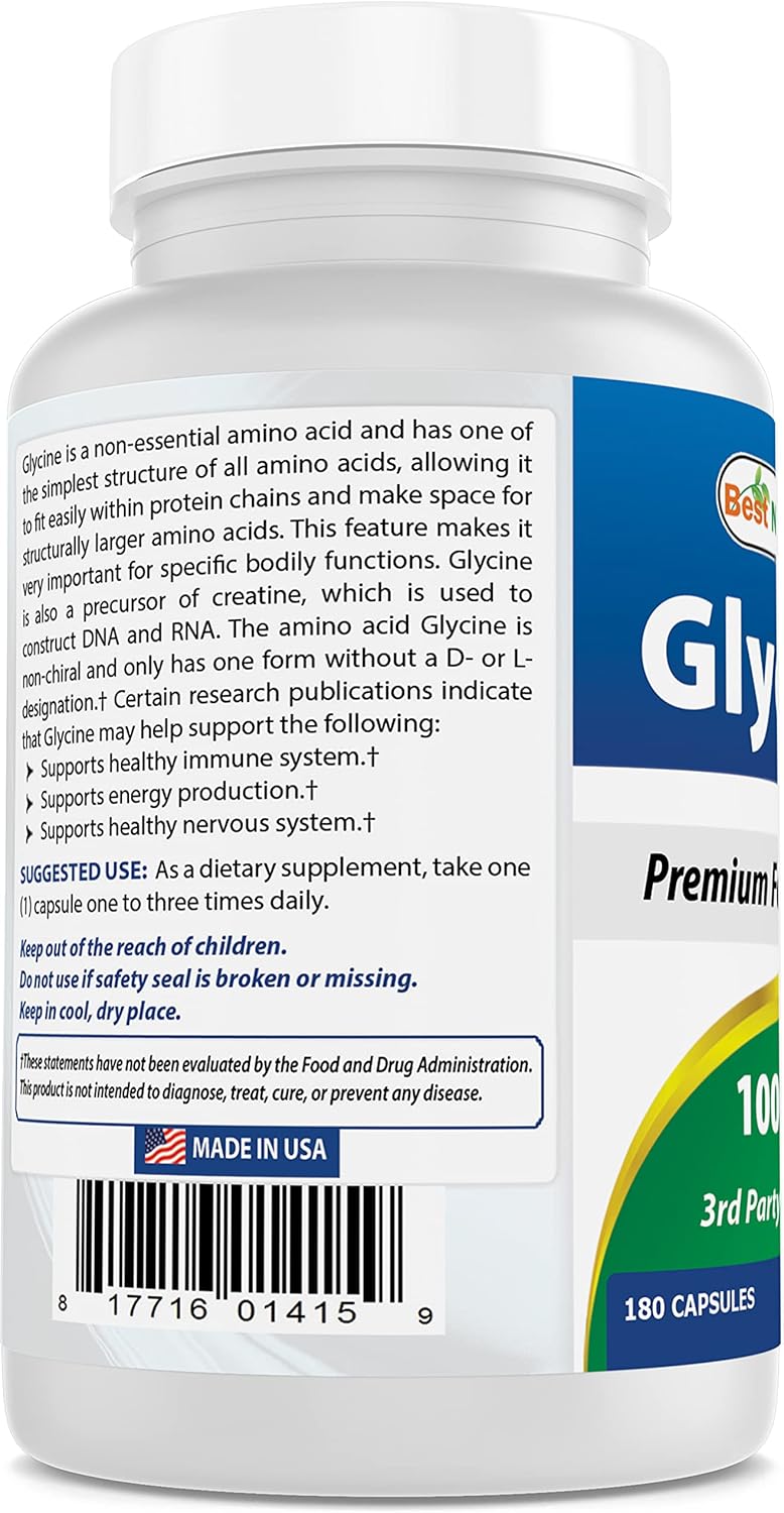 High Potency 1000mg Glycine Supplement for Energy - 180 Count by Best Naturals - BoostGo Australia