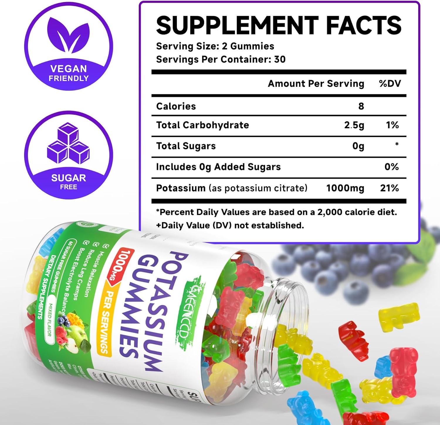 High Potency 1000mg Potassium Citrate Gummies for Adults - Supports Muscle Health & Leg Cramps - Sugar-Free Mixfed Fruit Flavor - 120 Count