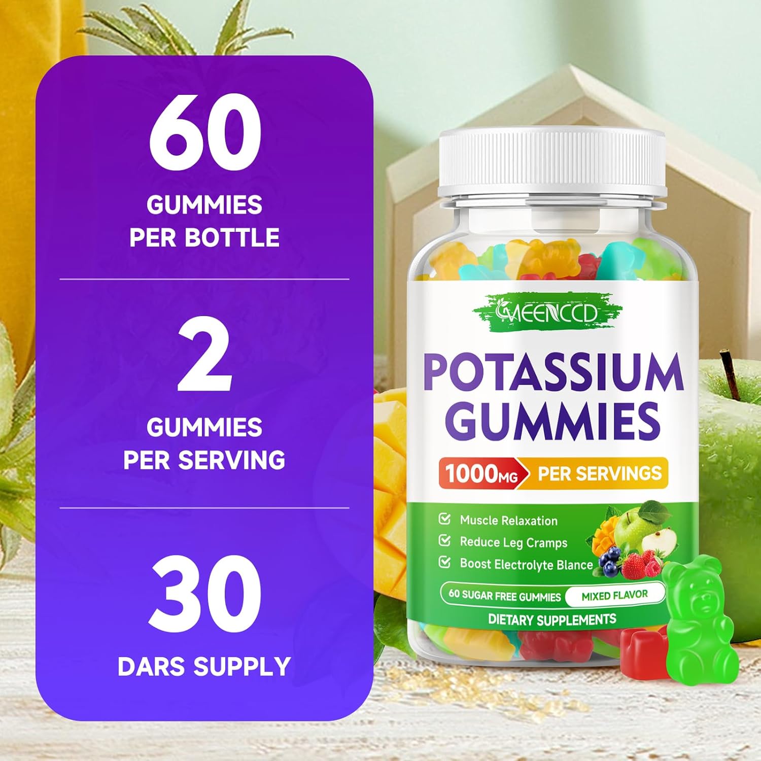 High Potency 1000mg Potassium Citrate Gummies for Adults - Supports Muscle Health & Leg Cramps - Sugar-Free Mixfed Fruit Flavor - 120 Count