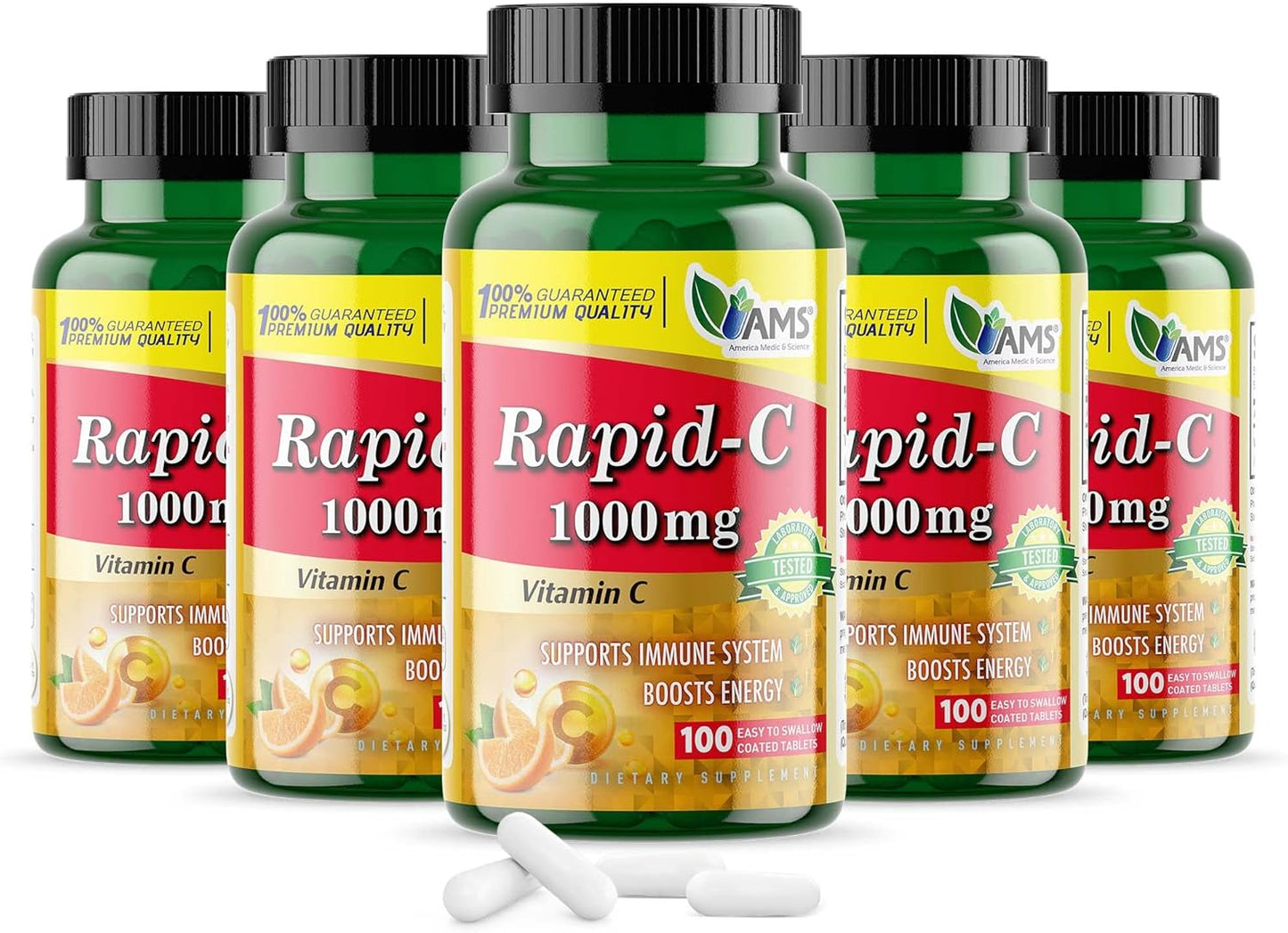 High-Potency 1000mg Vitamin C Supplement for Adults - 5 Pack of 100 Tablets - Energy Booster, Immune Support, Antioxidant - Vegan & Non-GMO Formula by America Medic & Science