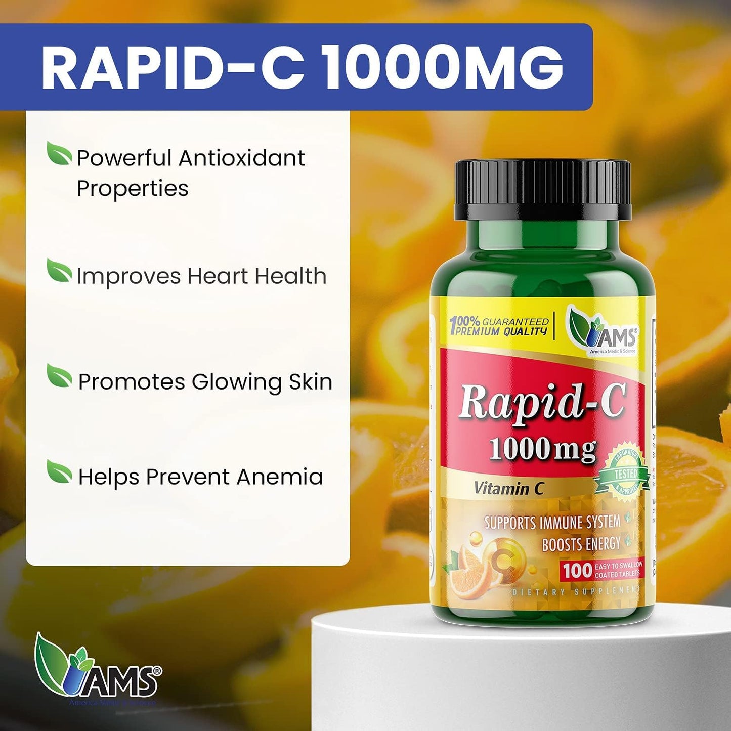 High-Potency 1000mg Vitamin C Supplement for Adults - 5 Pack of 100 Tablets - Energy Booster, Immune Support, Antioxidant - Vegan & Non-GMO Formula by America Medic & Science