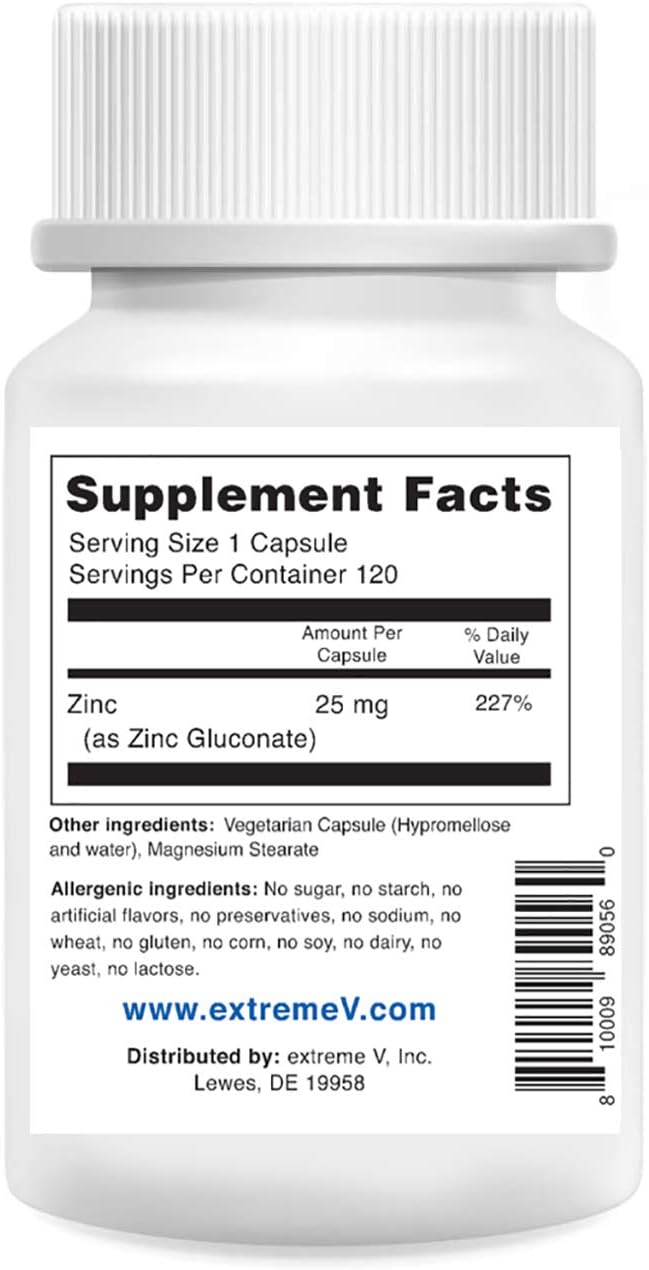 High Potency 25MG Zinc Capsules - Pharmaceutical Grade Immune Support Supplement, Vegan Friendly - 2 Bottles (240 Capsules)