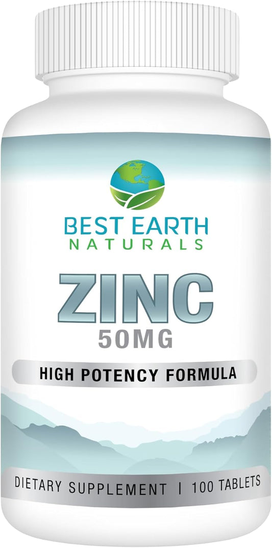 High Potency 50 Mg Zinc Supplements - Natural Antioxidant for Immune Support - 100 Tablets - Best Earth Naturals