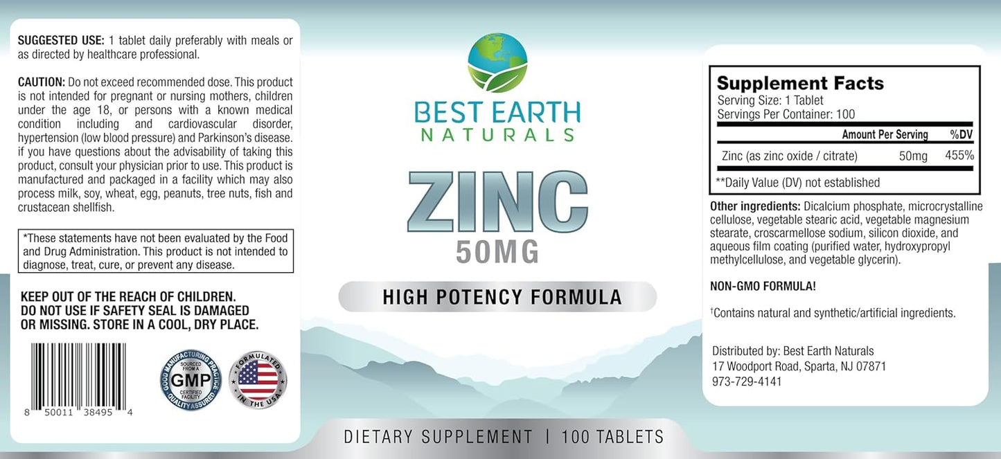 High Potency 50 Mg Zinc Supplements - Natural Antioxidant for Immune Support - 100 Tablets - Best Earth Naturals