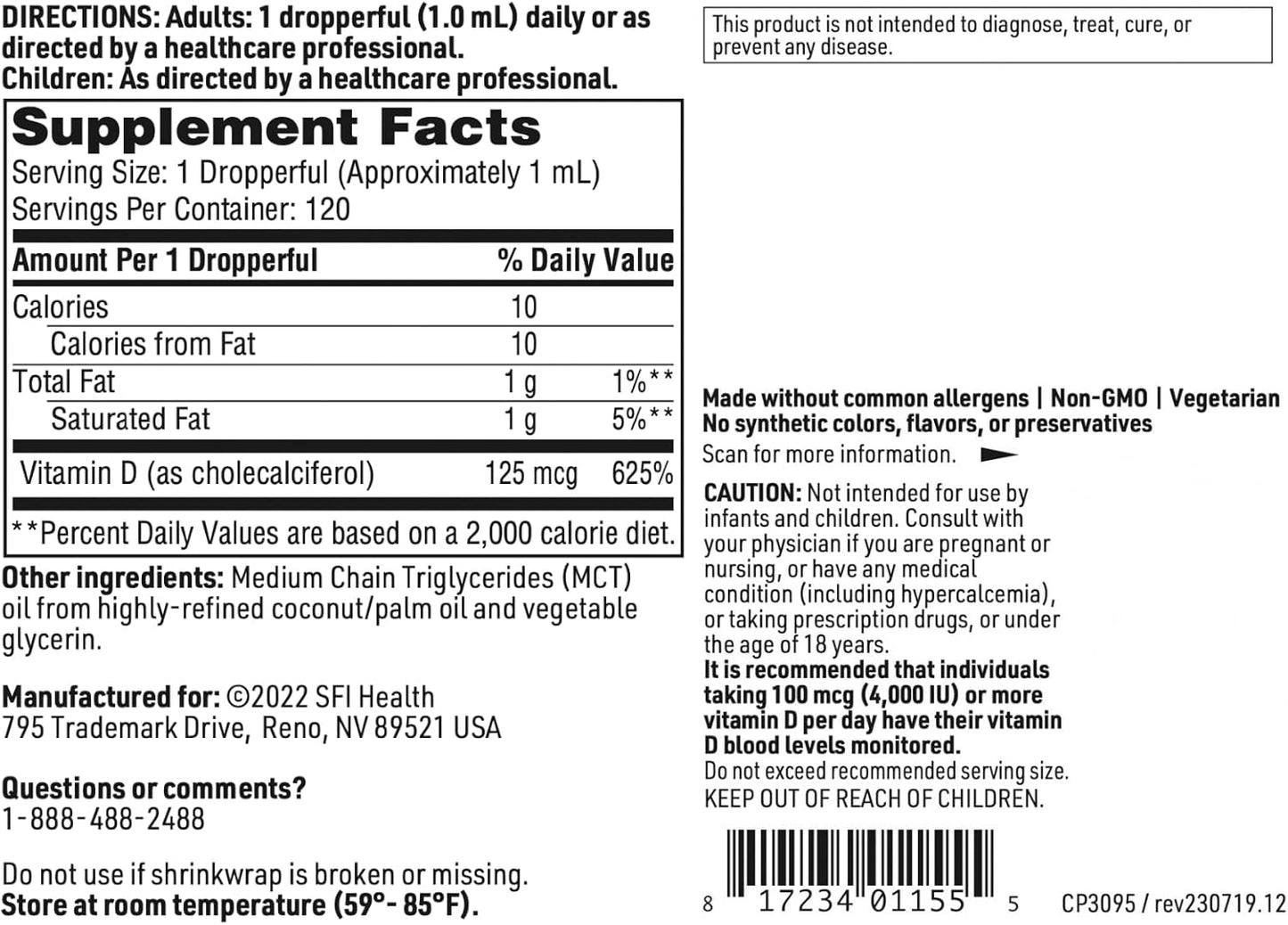 High Potency 5000IU Vitamin D3 Liquid Drops with MCT Oil for Immune, Bone, and Heart Health - 120ml Bottle