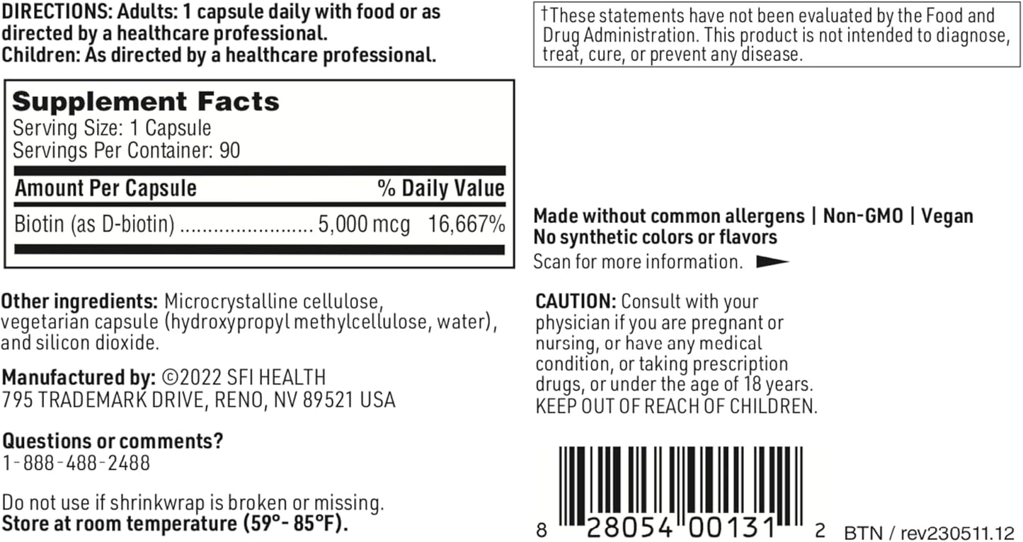 High Potency 5000mcg Biotin Supplement for Skin & Hair - Corn-Free, Small Capsules - Hypoallergenic Biotin Pills - 90 Count