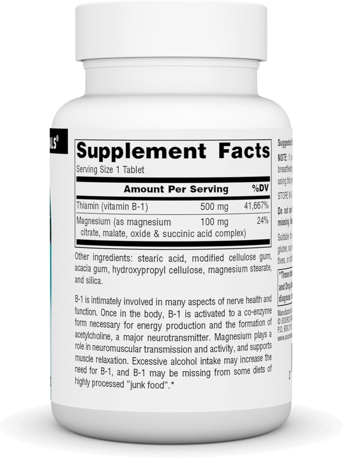 High Potency 500mg Source Naturals Vitamin B-1 Thiamin Tablets - 100% Pure, 50 Count