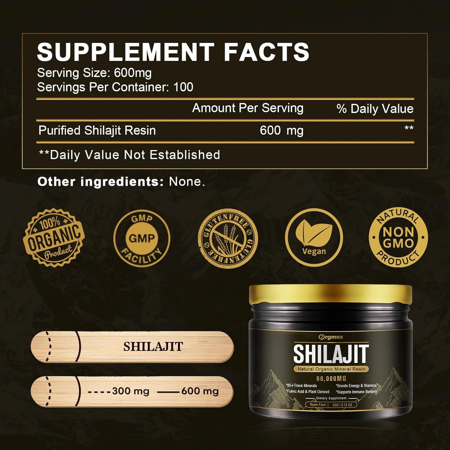 High Potency 600mg Pure Natural Shilajit Resin Supplement for Men & Women - Himalayan Shilajit with 85+ Trace Minerals & Fulvic Acid - Energy, Metabolism & Immune Support - Non-GMO - 60g